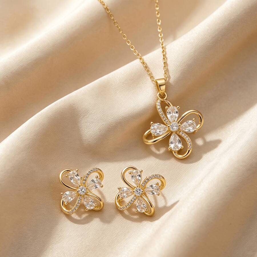 1 Set Stainless Steel Chain With Full Diamond Flower Pendant Necklace And Earrings Jewelry Set, Versatile Elegant Design Necklace And Earrings Jewelry Set, Gift Accessories - Gold - View 1