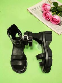 1 Pair Fashion Kids Sandals, Black Girls' Platform Sandals, Open Toe One-Strap, Soft Non-Slip Durable Sole, Suitable For Summer Outings, Banquets, Gatherings, Parties, Holidays, Leisure Vacations - Black - View 6