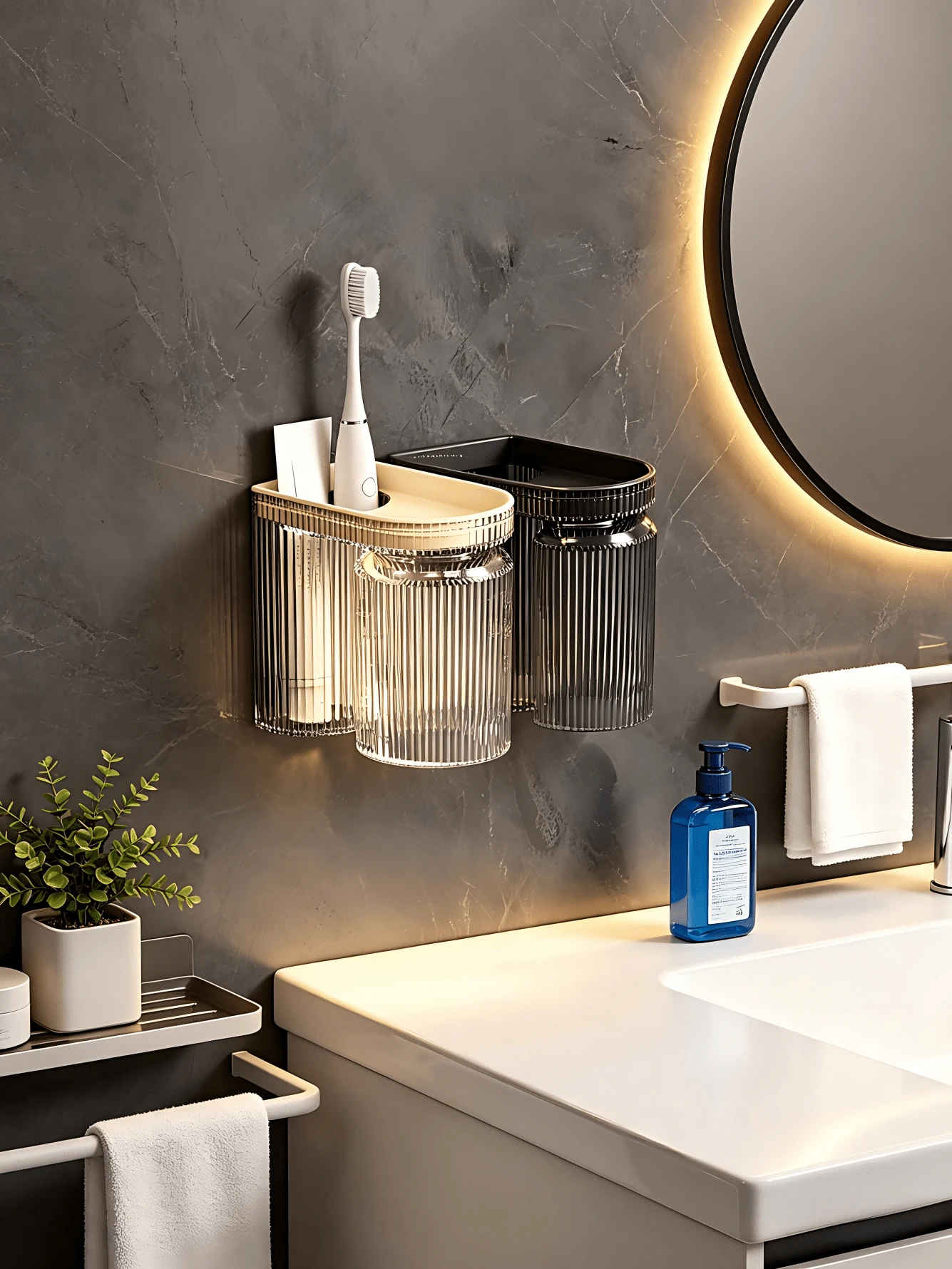 1 Set Soporte de pared de lujo para cepillo de dientes y estante para vasos, organizador de baño impermeable con soporte para cepillo de dientes eléctrico, fácil instalación sin taladrar - Multicolor - Ver 1