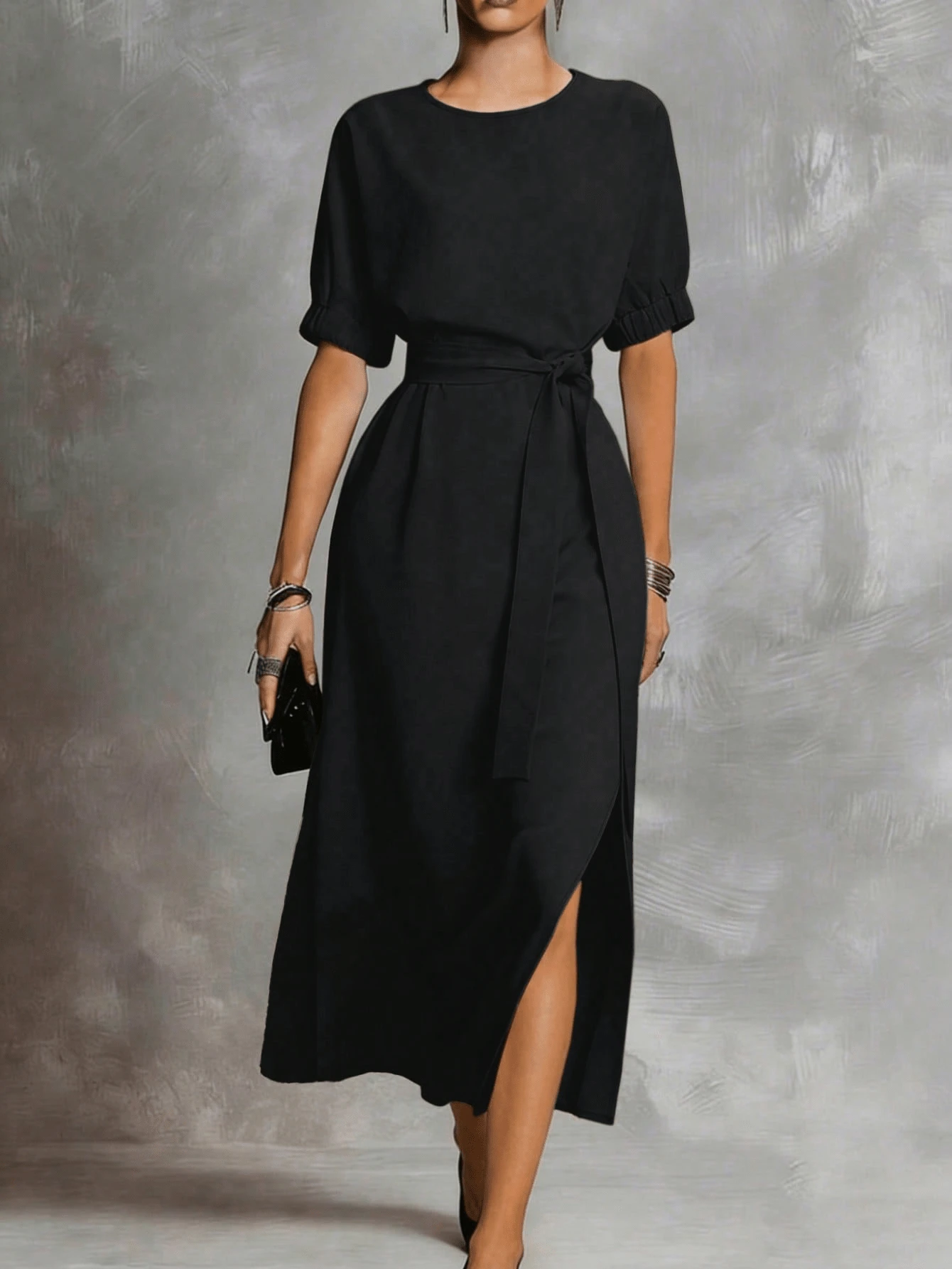 HUTENER Women's Mid-Length Solid Color Waist Cinched Side Slit Dress, Short Sleeve Round Neck, Essential For Commuting And Gatherings, Spring/Summer Black Elegant - Black - View 1