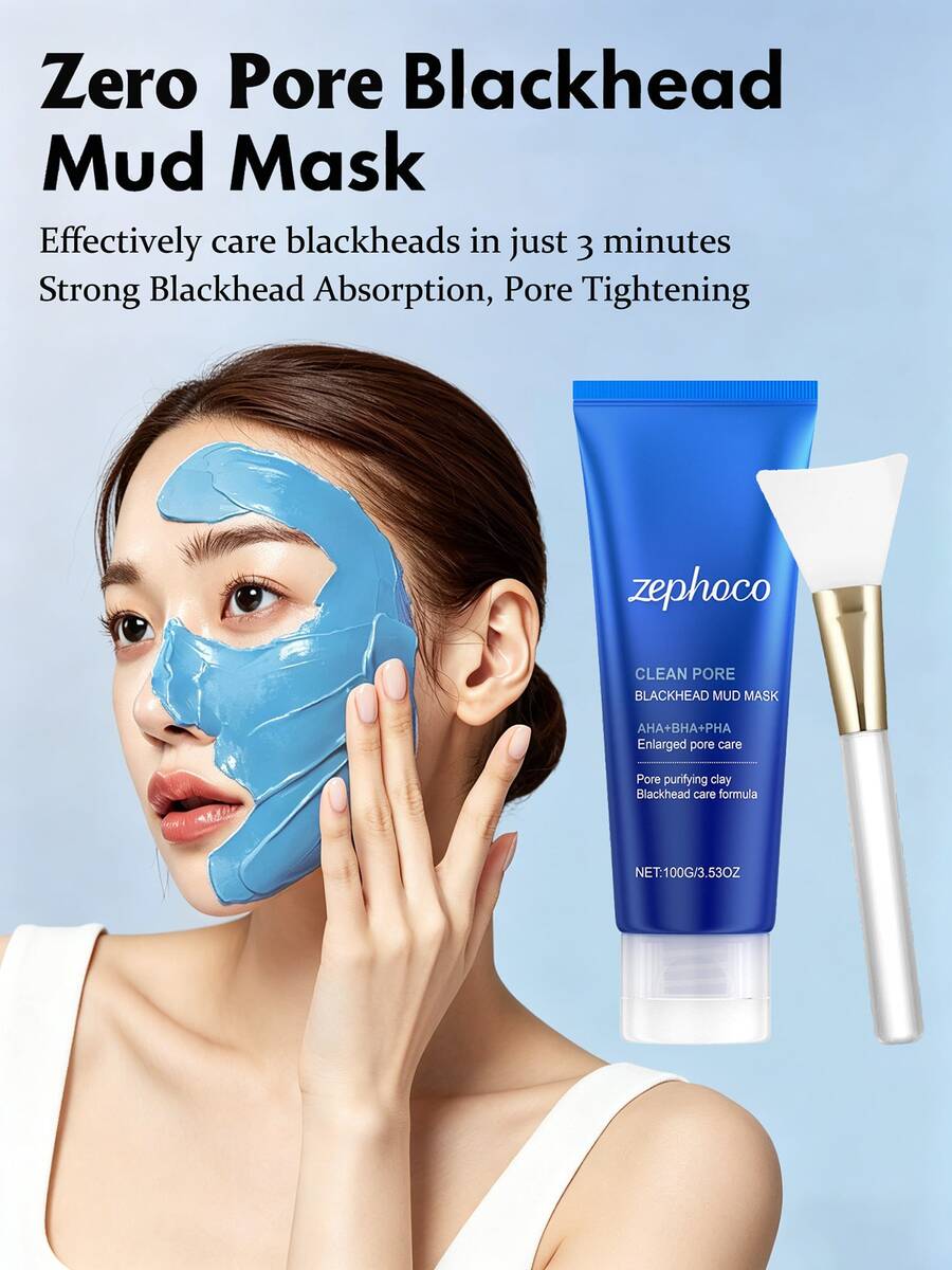 zephoco Mascarilla facial de barro para puntos negros Zero Pore con brocha de gelatina - Refrescante y minimizador de poros - Fórmula de secado rápido en 3 minutos con AHA, BHA, PHA y arcilla purificante de poros - Mascarilla de barro coreana de 100g