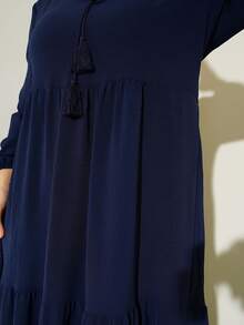 1 chiếc váy Abaya màu xanh hải quân dành cho nữ, cổ áo có dây rút, tay dài, ôm sát, chất liệu dệt kim thoải mái, thích hợp cho các lễ hội Hồi giáo. - Màu xanh hải quân - Xem 6