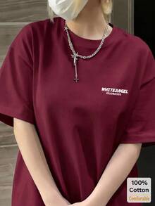 Cotton Letter Graphic Short Sleeve Mid-Length T-Shirt, Stylish Casual Top For Women Summer - Burgundy - View 3