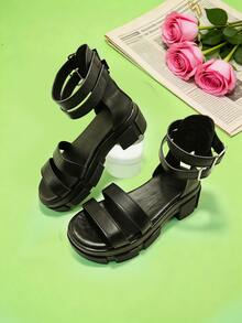1 Pair Fashion Kids Sandals, Black Girls' Platform Sandals, Open Toe One-Strap, Soft Non-Slip Durable Sole, Suitable For Summer Outings, Banquets, Gatherings, Parties, Holidays, Leisure Vacations - Black - View 1