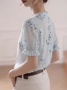 YUXIN 女士印花短袖荷叶边纽扣衬衫（夏季款） - 淺藍色 - 查看 5