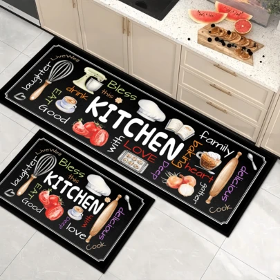 1pc Black Board Style Kitchen Theme Printed Doormat, Silica Gel Kitchen Carpet, Washable Rectangular Rug For Living Room, Bedroom, Hallway, Bathroom, Laundry Room - Polyester Carpet For Indoor And Outdoor Home Decor