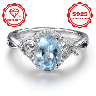 [Anillo de Aguamarina] Anillo ovalado vintage de plata esterlina con aguamarina | Para mujeres, anillos de compromiso de moissanita (tallas 5-9)