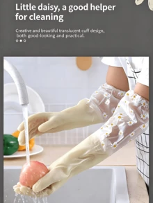 1 Pair Daisy Print Long Waterproof Dishwashing Gloves, Oil-Proof Kitchen Cleaning Gloves - A - View 7
