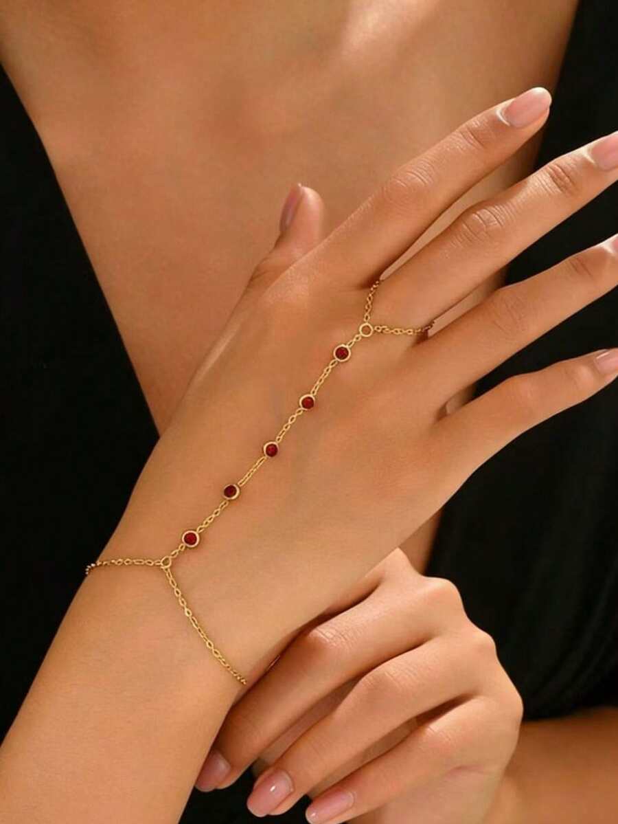 1 chiếc vòng đeo tay bằng thép không gỉ 5 hạt đính đá Zirconia đỏ dành cho nữ, mạ vàng 18K, trang sức thời trang. - Đỏ - Xem 1