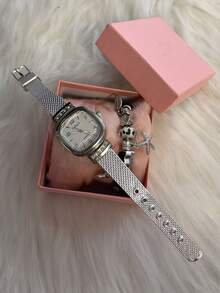 Kit Conjunto de relógio de quartzo feminino com pulseira + bracelete + caixa - Preto - Visão 3