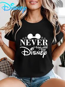 Disney Women's "NEVER Too Old DISNEP" Letter Pattern Short-Sleeved T-Shirt-Amusement Park Theme Round Neck Shirt, Soft Polyester Fabric, Summer Leisure And Holiday Style, Interesting Design, Suitable For Amusement Scene Lovers, Breathable And Comfortable, Necessary For Vacation. - 黑色 - 查看 1
