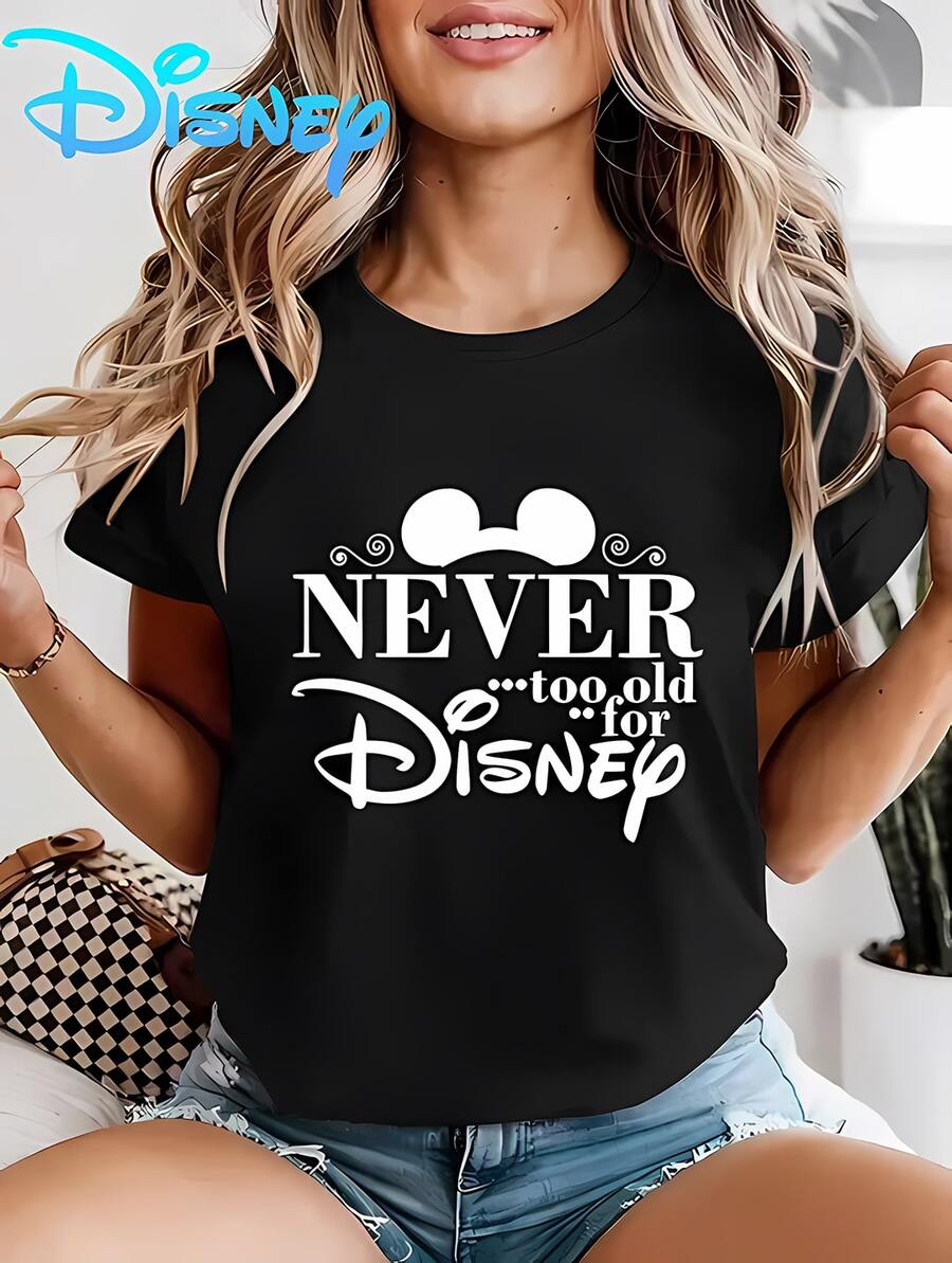 Disney Women's "NEVER Too Old DISNEP" Letter Pattern Short-Sleeved T-Shirt-Amusement Park Theme Round Neck Shirt, Soft Polyester Fabric, Summer Leisure And Holiday Style, Interesting Design, Suitable For Amusement Scene Lovers, Breathable And Comfortable, Necessary For Vacation. - 黑色 - 查看 1
