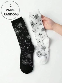 1/2 đôi tất dài đến bắp chân, họa tiết mặt trời, mặt trăng, ngôi sao đen trắng ngẫu nhiên, đa năng cho mặc hàng ngày và đi làm, mùa xuân/hè. - Đen và trắng - Xem 6
