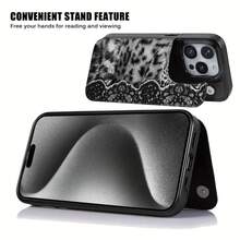 Funda para Teléfono - Esta funda de TPU, adornada con un diseño de encaje de leopardo en blanco y negro, no solo es práctica sino que también incluye una ranura para tarjetas y varias funcionalidades para tarjetas bancarias y de transporte.Es compatible con el  16 Pro Max, 16. - Negro - Ver 8