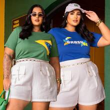Brazil T-Shirt, Women's T-Shirt, World Cup, Green And Yellow Flag, 2026 , Sizes P To G3 Plus, 100% Cotton Fabric - 套件 02 綠/藍 - 查看 14