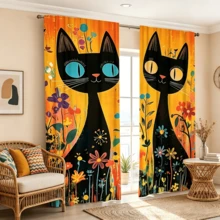 Bộ 2 rèm cửa phong cách Bohemian in hình mèo đen, kiểu dáng hiện đại, chất liệu polyester dệt kim, phù hợp cho phòng ngủ, nhà bếp, văn phòng, phòng khách - Có thể giặt máy, trang trí phòng đa năng, rèm cửa phòng khách. - 2 chiếc với nhiều màu sắc khác nhau - Xem 1