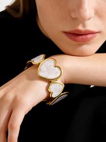 1 pieza Pulsera asimétrica en forma de corazón, romántica y linda, de acero inoxidable con esmalte multicolor, adecuada para la vida diaria de las mujeres, citas, vacaciones, fiestas o como regalo para seres queridos - Amarillo Oro - Ver 3