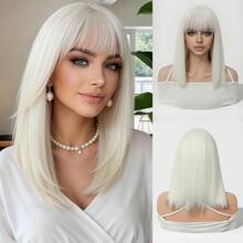 Peluca negra recta de 14 pulgadas con flequillo, cabello sintético resistente al calor para mujeres - Blanco - Ver 7