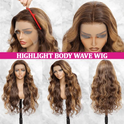 Highlight Ombre Lace Front Wig Human Blended Hair Pre Plucked Body Wave Frontal Wigs 200% Density 4/27 Colored 13x4 Honey Blonde Lace Front Wig Human Blended Hair For Women