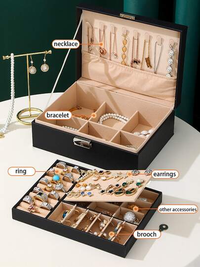 1pc PU Leather Lockable Jewelry Box, Dual Layer Large Capacity Jewelry Organizer With Removable Trays, Earring Necklace Ring Storage Box, Elegant Dual Layer Leather Jewelry Box - Lockable Earring Ring Box, Portable Travel Jewelry Case, Dual Drawer PU Leather Jewelry Box