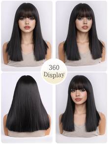 Peluca negra recta de 14 pulgadas con flequillo, cabello sintético resistente al calor para mujeres - Negro - Ver 2