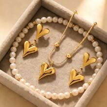 1 Set Romantic Stainless Steel Jewelry Set With Heart-Shaped Pendant Necklace And Earrings, Suitable For Women To Wear To Parties Or Outings - Yellow Gold - View 9