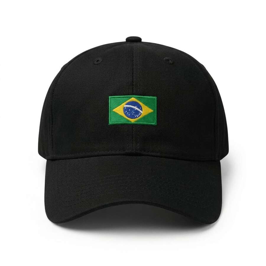 Brazil Flag Embroidered Cap With Curved Brim, Adjustable, Unisex, Street Style, Casual, Cotton Embroidery, None, Decorative Model, Cap, All - 黑色 - 查看 1