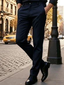 Men's Regular Fit Medium Thick Slant Pocket Straight Leg Pants, Zipper Closure, Suitable For Spring, Autumn And Winter, Business Casual Trousers - Navy Blue - View 4