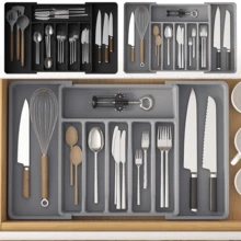Cutlery Drawer Organiser, Extendable Cutlery Tray, 8 Compartments, Kitchen Storage Adjustable Dividers Plastic For Utensil Spoons Forks Knives - Xem 10