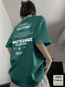 Letter Graphic Short Sleeve Mid-Length T-Shirt, Fashionable Casual Top For Women Summer - Dark Green - View 2