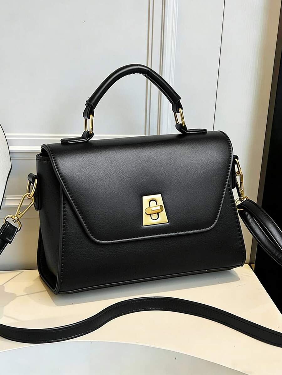 New Fashion Solid Color PU Waterproof Material Contrast Color Design Twist Lock Open Portable Square Crossbody Bag For Shopping
