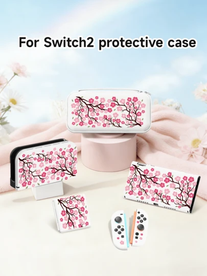 2025粉色樱花图案保护套，兼容Switch第二代/Switch NS/Switch OLED/Switch Lite，Switch游戏机配件，全套包含便携包、卡槽底座，Switch玩家的最佳礼物，适合送给孩子/家人