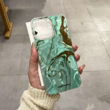 Funda de teléfono de lujo con efecto de agua, mármol verde y marrón, brillo y chispas, cobertura completa y protección anti-caídas para iPhone - Verde Oscuro - Ver 4