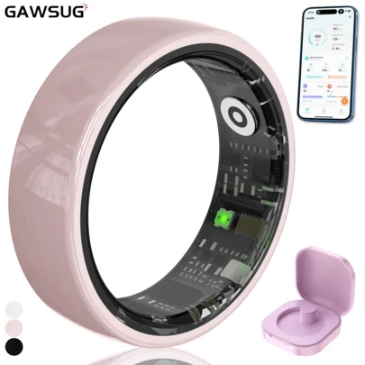 GAWSUG 新款智能戒指，内置充电仓，智能健身戒指带计步器，男女通用设计，男女皆宜的运动休闲理想礼物 (QRING)