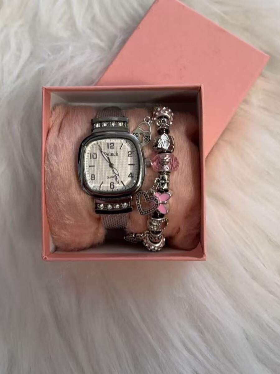 Kit Conjunto de relógio de quartzo feminino com pulseira + bracelete + caixa - Preto - Visão 1