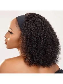 SHINEHAIR Peluca con diadema rizada 12A, cabello humano, cabello brasileño sin procesar, banda ajustable, textura rizada suave y elástica para una apariencia natural, peluca fácil de usar para mujeres, ideal para principiantes, densidad del 220%. - Natural Black - Ver 3