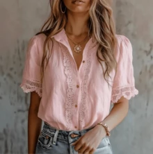 Summer Women's Lace Spliced Shirt, Machine Washable, Fresh And Sweet Everyday Blouse - 粉色 - 查看 4