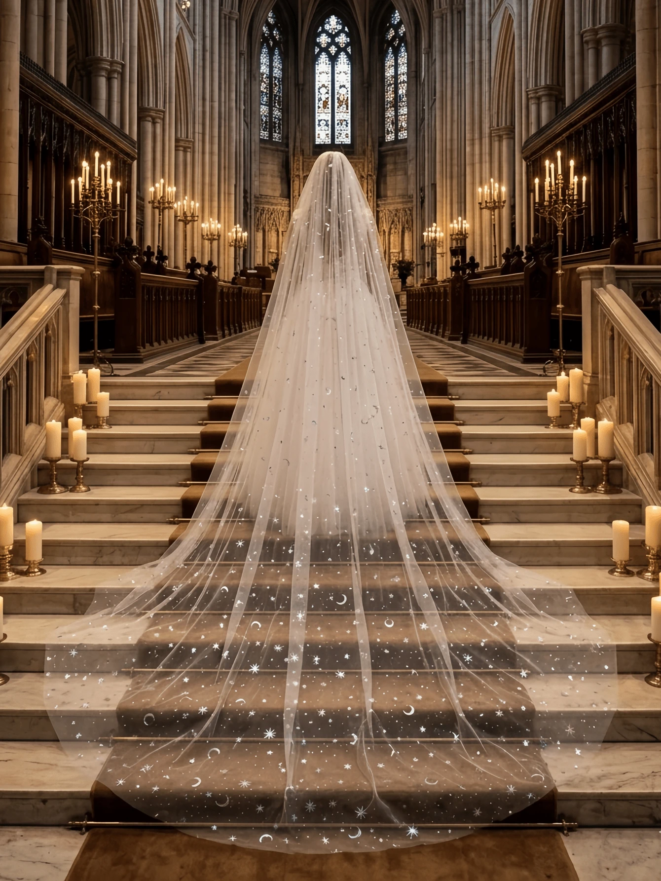 1件闪亮星月图案穆斯林新娘长款婚纱头纱，多种尺寸可选，附赠金属发梳，2026新款新娘系列，夏季，海滩风情