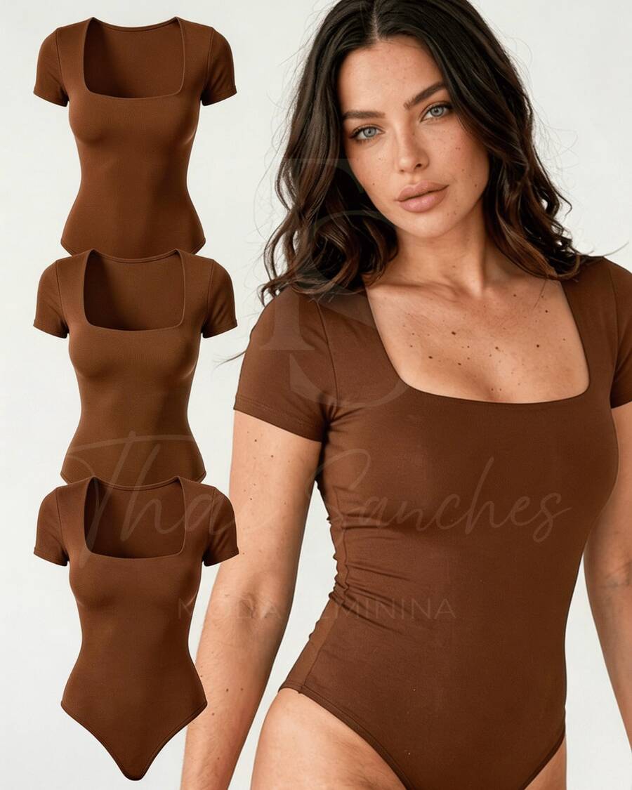 Kit 3 Women's Suplex Bodysuit Short Sleeve Square Neckline Low-Cut Sleeves Double Lining Premium Fabric - BROWN BROWN BROWN - View 1