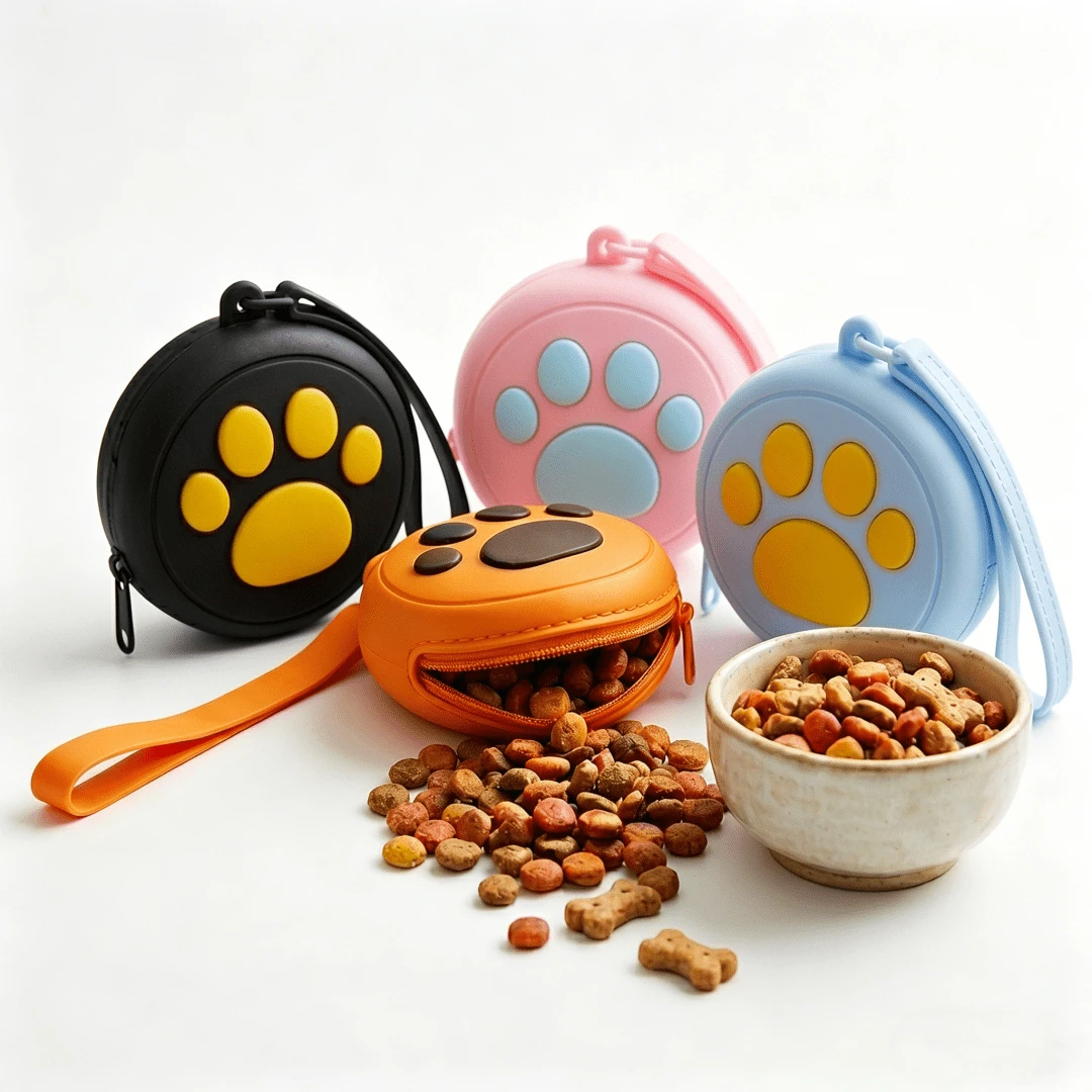 Cute Paw Print Silicone Pet Training Bag, Portable Dog Treat Pouch, One-Handed Grab Small Dog Training Reward Bag With Adorable Paw Design, Lightweight Waterproof Durable Easy-Clean Round Pet Snack Bag, Suitable For Pet Food, Compact Size Fit For Outdoor Walking Hiking Jogging Obedience Training, Soft Flexible Silicone Material, Fashionable Paw Print Pet Training Accessory, Daily Pet Essential