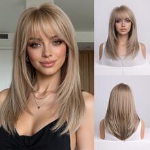 Peluca negra recta de 14 pulgadas con flequillo, cabello sintético resistente al calor para mujeres - Lino Dorado - Ver 7