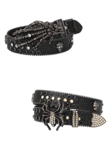 1pc Punk Style Spider & Skull Rhinestone Embellished Belt, Unisex Hip Hop Street Rivet Studded Leather Belt, Y2K Edgy Accessory - Multicolor - View 1