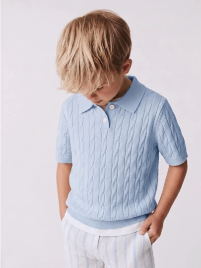 Boys' Solid Color Cable Knit Polo Shirt Short Sleeve Lightweight Sweater, Suitable For School & Everyday Wear, Spring/Summer/Autumn