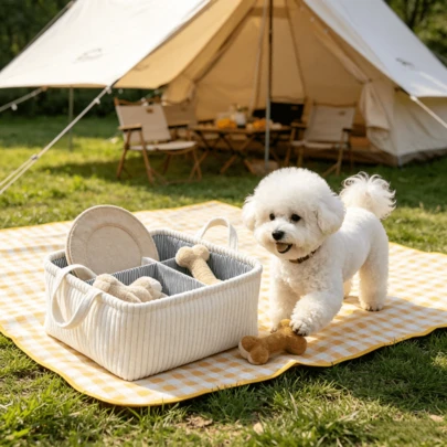 1 Giỏ đựng đồ chơi cho thú cưng bằng vải nhung kẻ sọc, nhiều ngăn, dùng để đựng đồ dùng cho chó và đồ chơi cho chó con, hộp đựng đồ chơi cho chó, thùng đựng đồ bằng vải mềm.