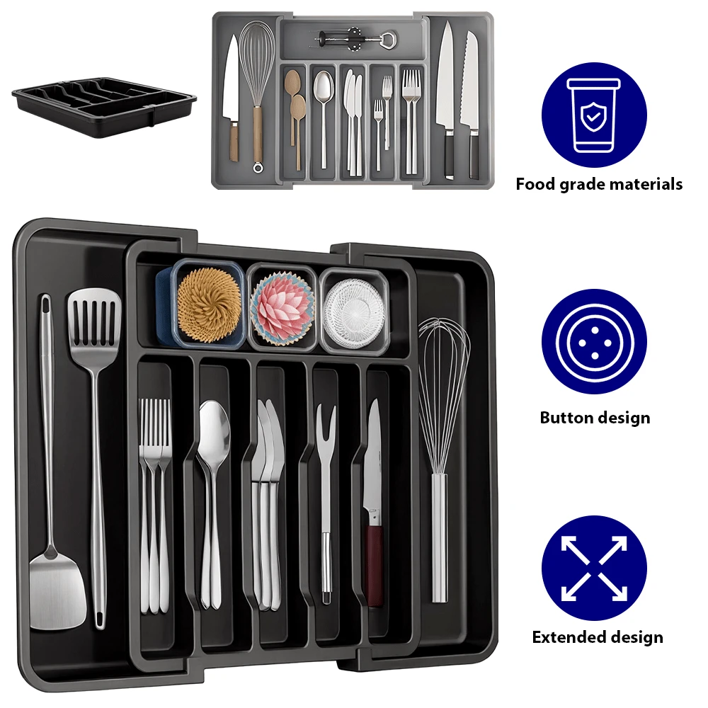 Cutlery Drawer Organiser, Extendable Cutlery Tray, 8 Compartments, Kitchen Storage Adjustable Dividers Plastic For Utensil Spoons Forks Knives - Xem 1