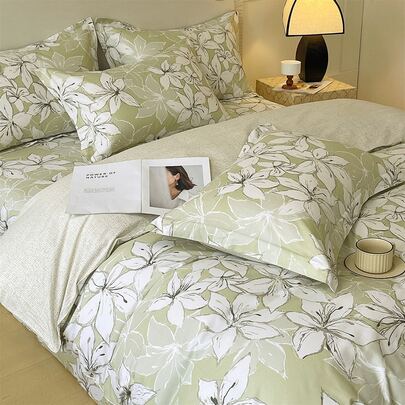 3件套100%纯棉美式花卉印花床上用品套装，含2个枕套和1个被套