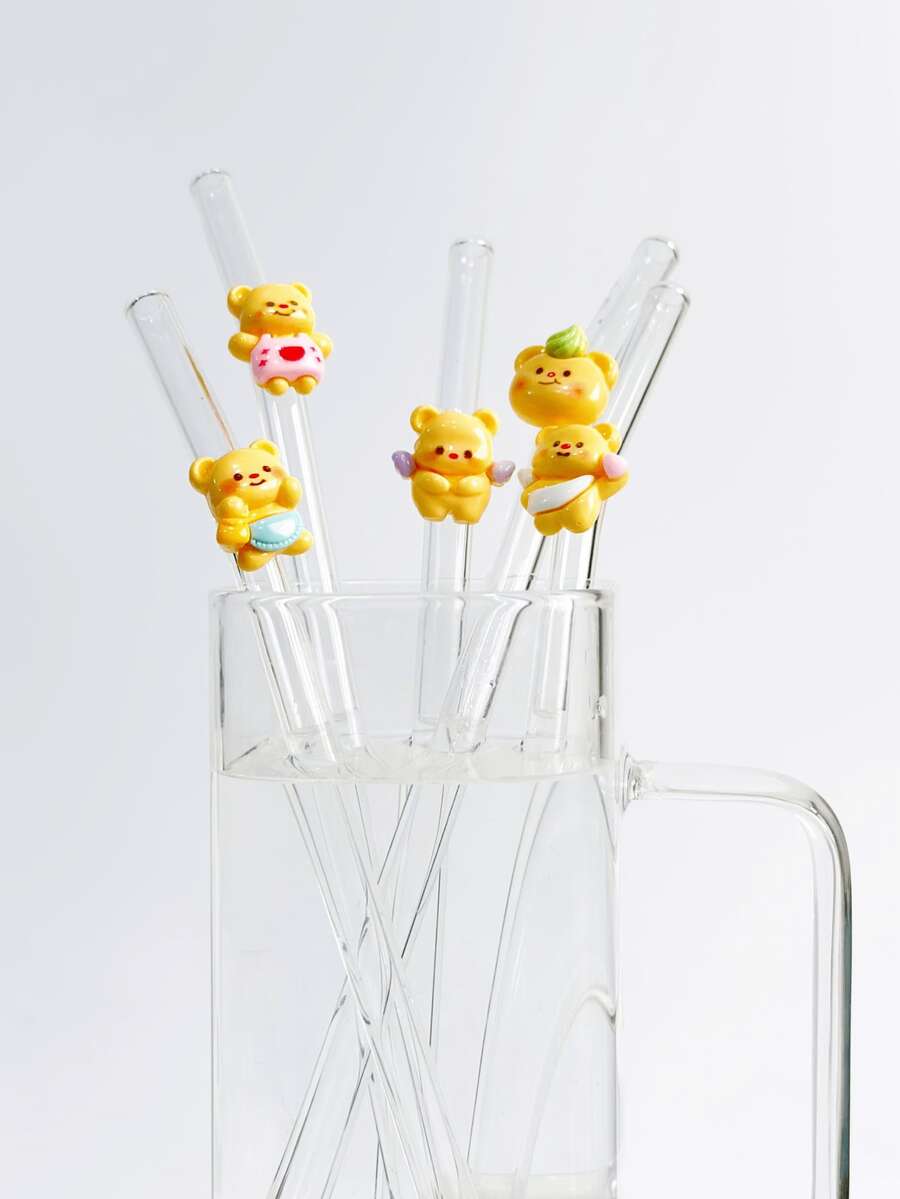 Gelbe Bären Serie Glas Strohhalme, transparente Smoothies, Bubble Tea, Saft, Milch, Cocktails, wiederverwendbare gebogene Glas Strohhalme mit niedlichem Bären Design, geeignet für Milchshakes, Milch, Tee, Saft, Cocktails, kalte Getränke, Geschenke für Freundinnen, Dessert Shops, Softdrink Bars, Büros, Bars, Restaurants - Übersicht 1