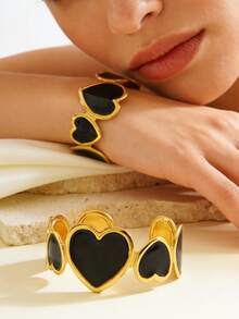 1 pieza Pulsera asimétrica en forma de corazón, romántica y linda, de acero inoxidable con esmalte multicolor, adecuada para la vida diaria de las mujeres, citas, vacaciones, fiestas o como regalo para seres queridos - Amarillo Oro - Ver 5