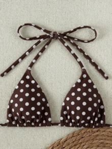 Ensemble bikini 3 pièces à pois marron et blanc avec Top à encolure dégagée, cache-maillot large en maille, style maillot de bain sexy pour les vacances - Multicolore - Voir 5