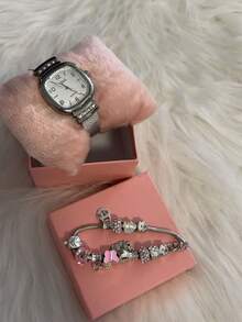 Kit Conjunto de relógio de quartzo feminino com pulseira + bracelete + caixa - Preto - Visão 2